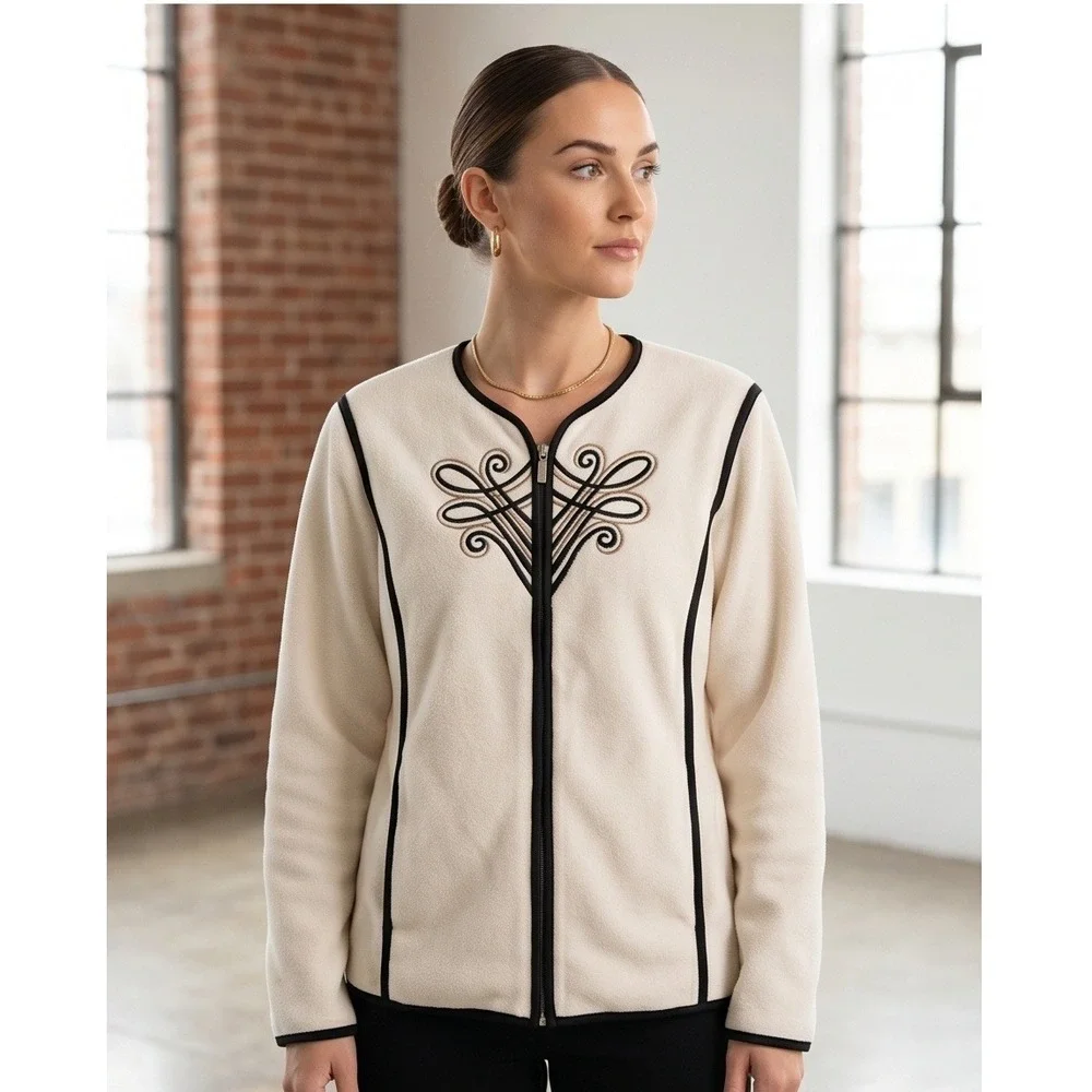 Bob Mackie XL Wearable Art Cream Fleece‎ Zip Up Jacket Embroidered Scrollwork